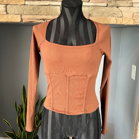 Milkmaid Corset Cropped Ribbed Knit Top Ren Faire Steampunk Cottagecore Brown L - Picture 1 of 9